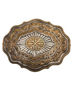 Crumrine Oval Belt Buckle Ornate Etched Design Gold  Silver Two Tone Western